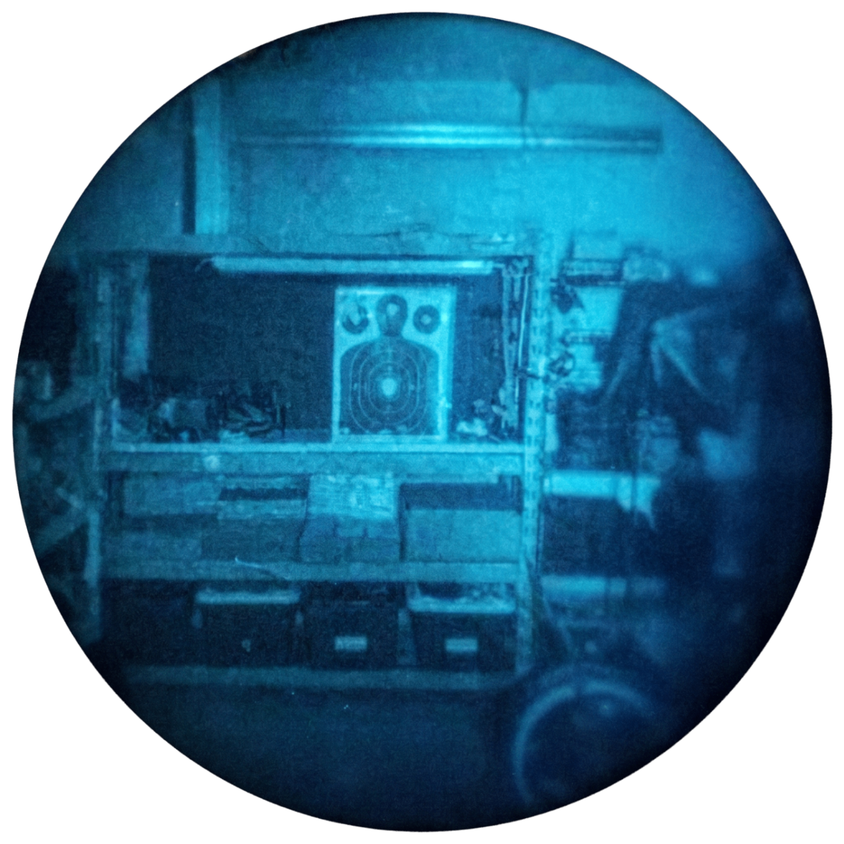 View through Night Operators PVS-14 in passive mode showing indoor target range clearly without IR torch